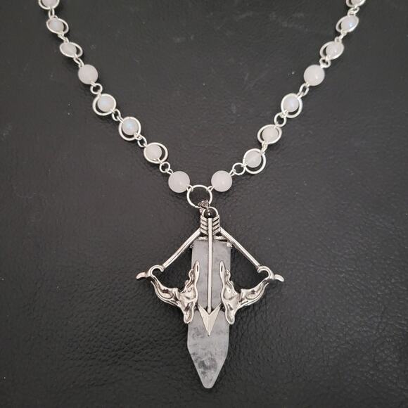 Iridescent moonstone & quartz crystal necklace, bow & arrow pendant - Picture 7 of 7